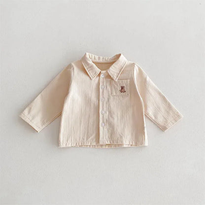サロペットパンツ・サスペンダーパンツ beige shirt / 73cm ベビーサスペンダーパンツ 長袖シャツ くまベアワッペン長袖ブラウス ショートサロペットパンツ