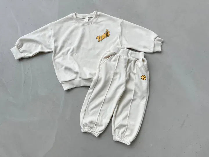 長袖セットアップ beige white / 12M  80cm キッズセットアップ 2点セット スウェットシャツ+スウェットパンツ テニス レターロゴプリント 2カラー