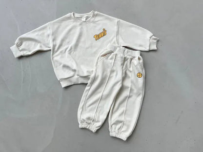 長袖セットアップ beige white / 12M  80cm キッズセットアップ 2点セット スウェットシャツ+スウェットパンツ テニス レターロゴプリント 2カラー