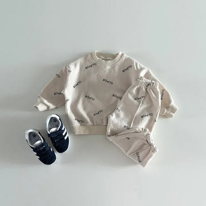 長袖セットアップ beige white / 12M  80cm キッズセットアップ 2点セット スウェットシャツ+スウェットパンツ レターロゴプリント 2カラー