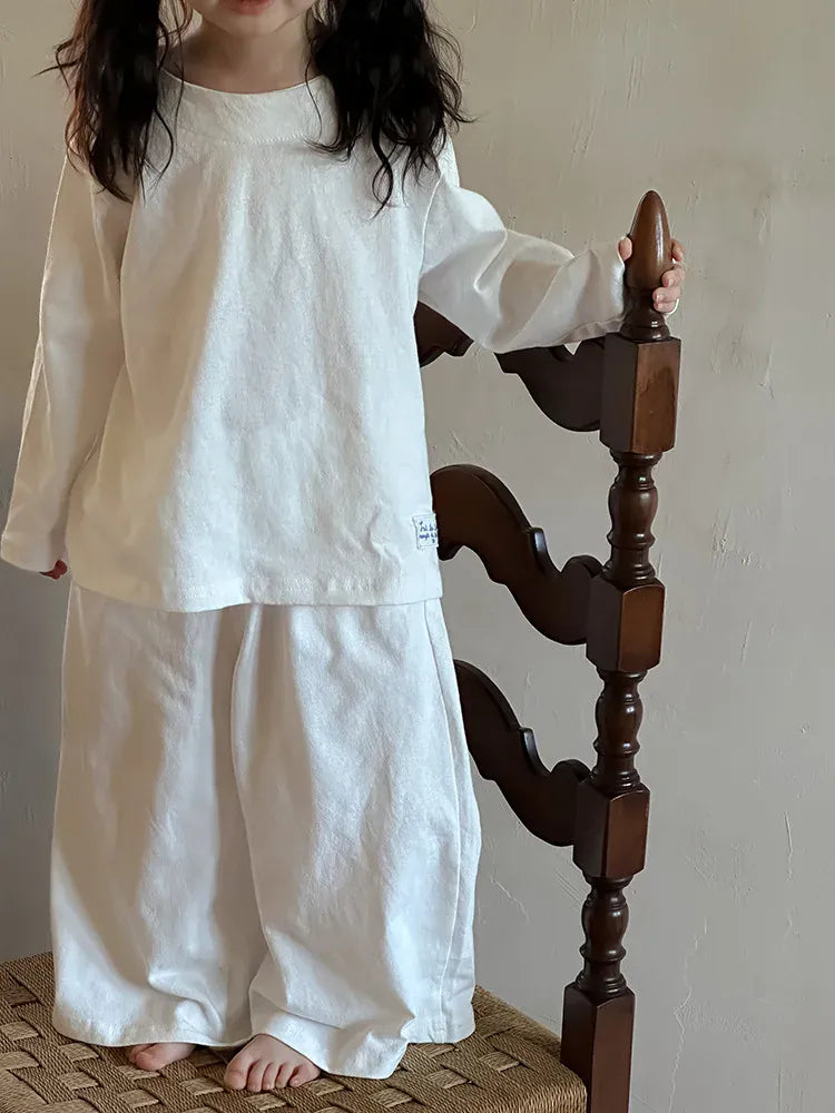 長袖セットアップ Beige White / 24M  90CM キッズセットアップ 2点セット 長袖ルーズシャツ+ワイドルーズパンツ シンプルベーシック 3カラー【mh0006903】