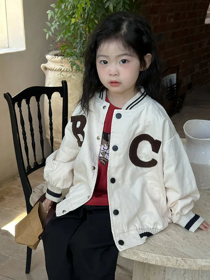 ショートコート・ジャケット・ジャンパー Beige White / 24M  90CM キッズアウター アルファベットアップリケスタジアムジャンパー スタジャン2カラー【mh0006708】