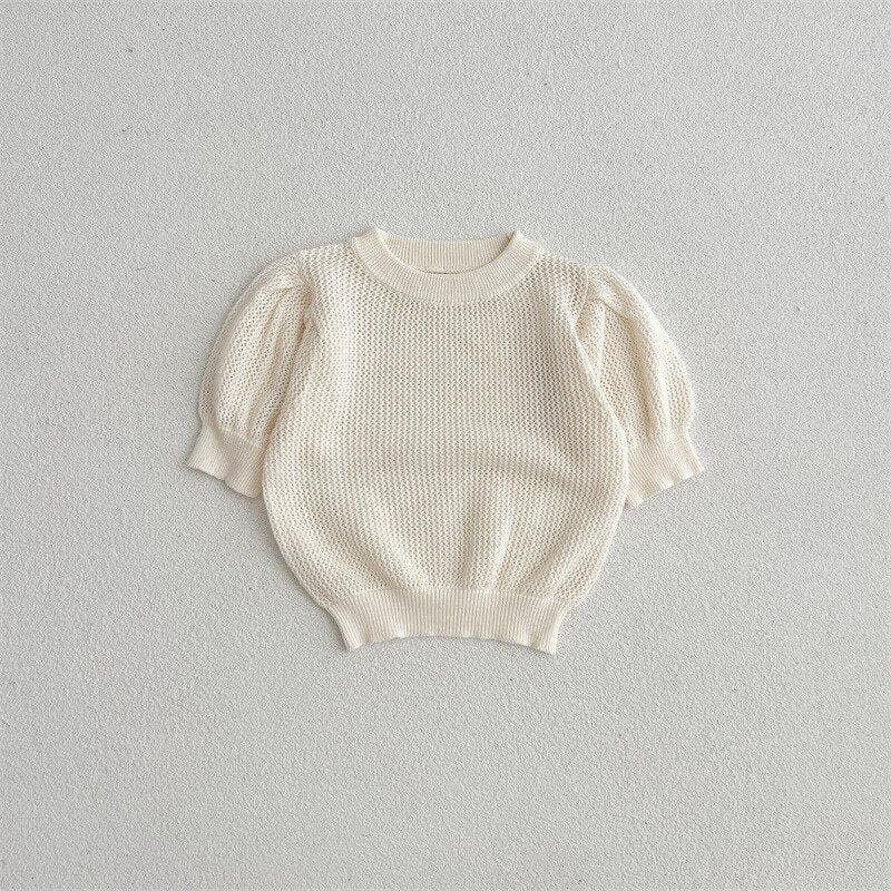 ニット・セーター beige white / 66cm ベビー サマーニット レース 半袖 パフスリーブ セーター カットソー Tシャツ トップス ベージュホワイト ブラウン ガールズ