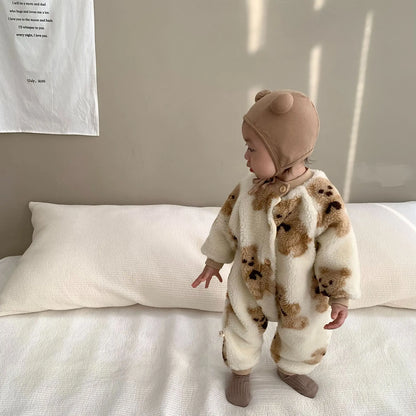 アウタージャンプスーツ Beige White / 6M  66CM ベビーアウタージャンプスーツ クマベアプリント ボアフリース長袖ロンパース 2カラー ユニセックス 男の子 女の子 子供服【mh0003332】