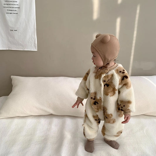 アウタージャンプスーツ Beige White / 6M  66CM ベビーアウタージャンプスーツ クマベアプリント ボアフリース長袖ロンパース 2カラー ユニセックス 男の子 女の子 子供服【mh0003332】