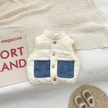 ベスト Beige White / 6M  66CM ベビーベスト パッチポケットキルトパデッドアウターベスト【mh0008032】