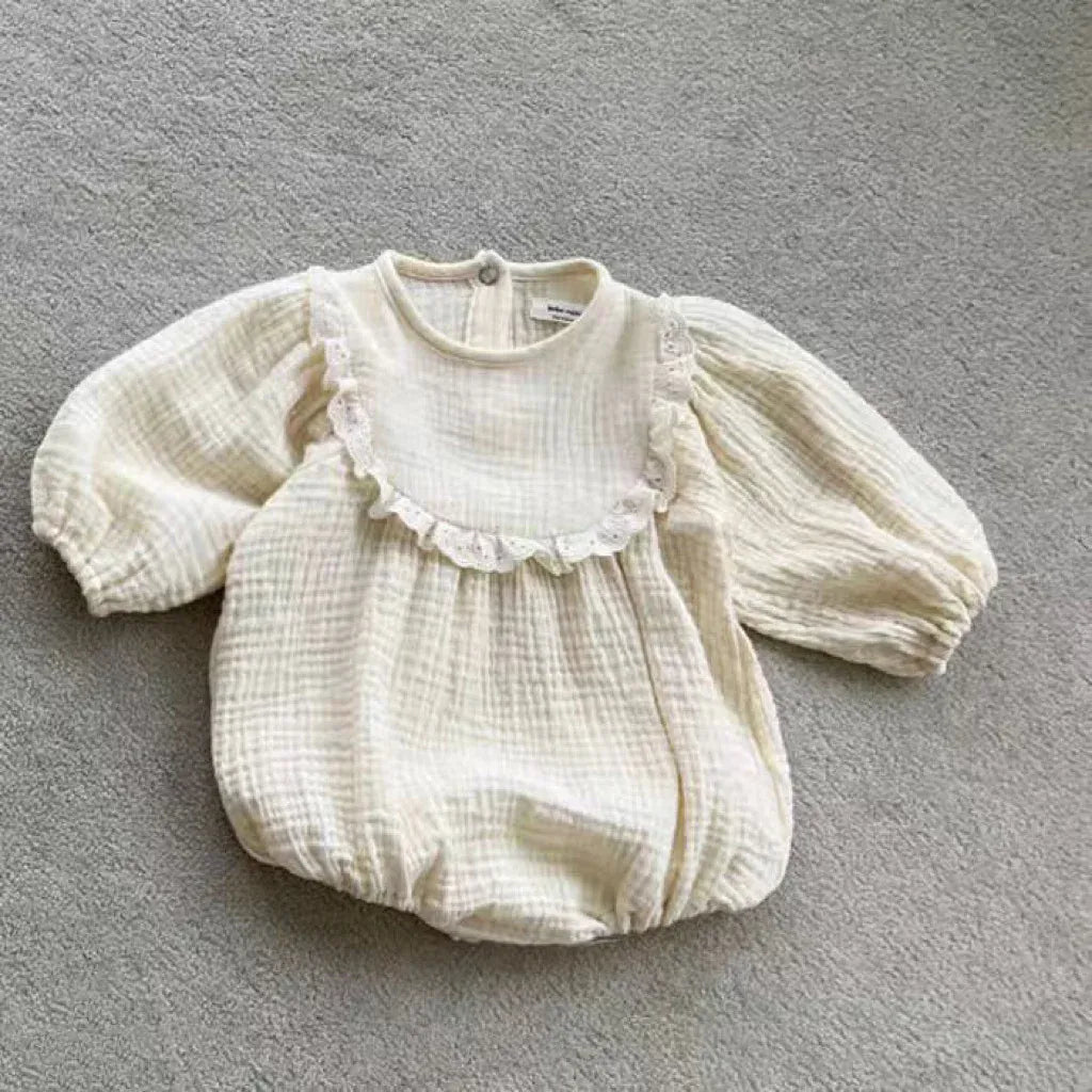 長袖ロンパース Beige White / 6M  66CM ベビーロンパース レースフリルフラワープリント/無地長袖パフスリーブボディスーツ【mh0008119】