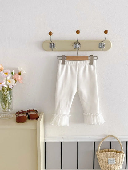 レギンスパンツ Beige White / 6M  66CM ベビーパンツ 裾フリルリボン裏フリースレギンスパンツ【mh0008204】