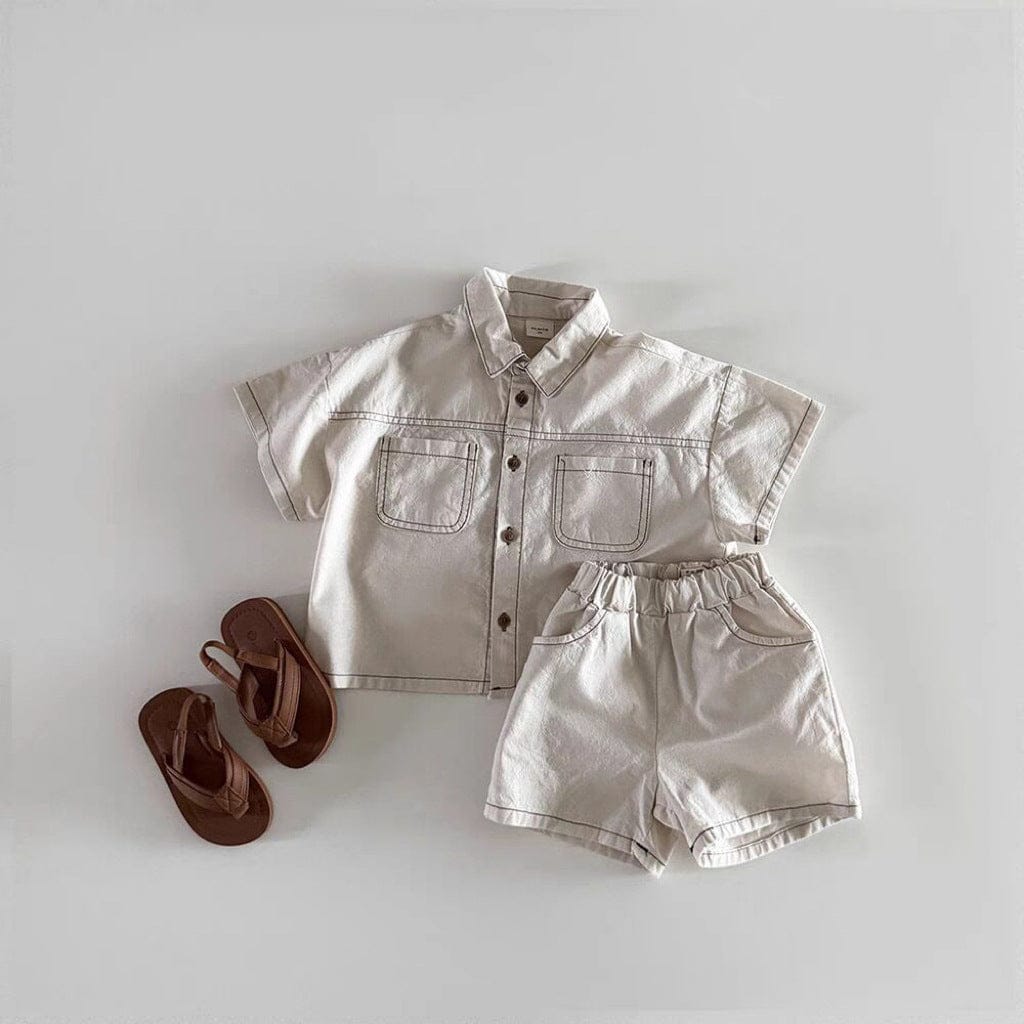 半袖セットアップ Beige White / 73cm デニム半袖シャツ+ショートパンツセットアップ 2点セット【mh0010376】