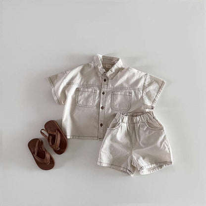 半袖セットアップ Beige White / 73cm デニム半袖シャツ+ショートパンツセットアップ 2点セット【mh0010376】
