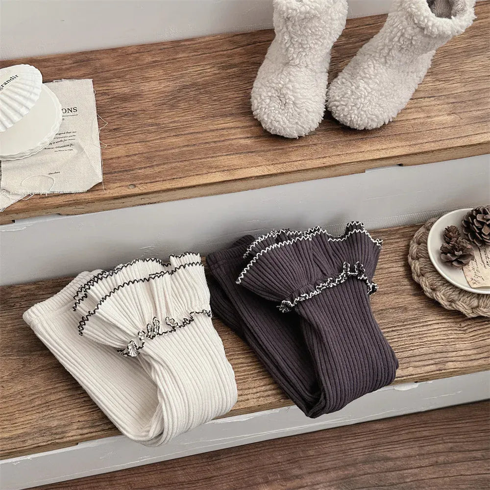 レギンスパンツ Beige White / 73cm 9M ベビーパンツ ボリューム裾フリルロングレギンスパンツ【mh0008493】