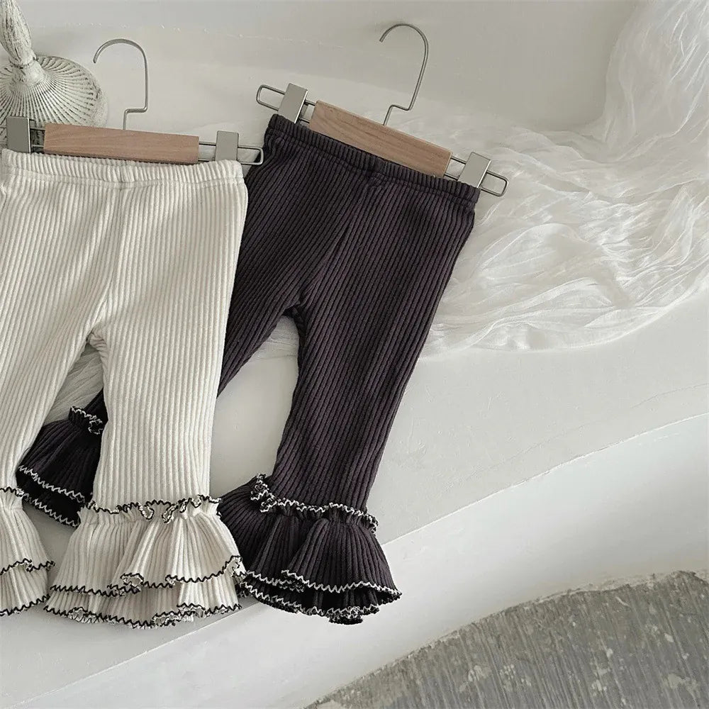 レギンスパンツ Beige White / 73cm 9M ベビーパンツ ボリューム裾フリルロングレギンスパンツ【mh0008493】