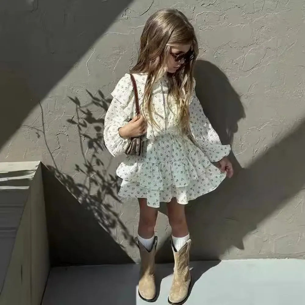 長袖セットアップ Beige White / 90cm 1-2y キッズセットアップ 2点セット フラワープリントフリル長袖ブラウス+ダブルフリルミニケーキスカート【mh0007495】