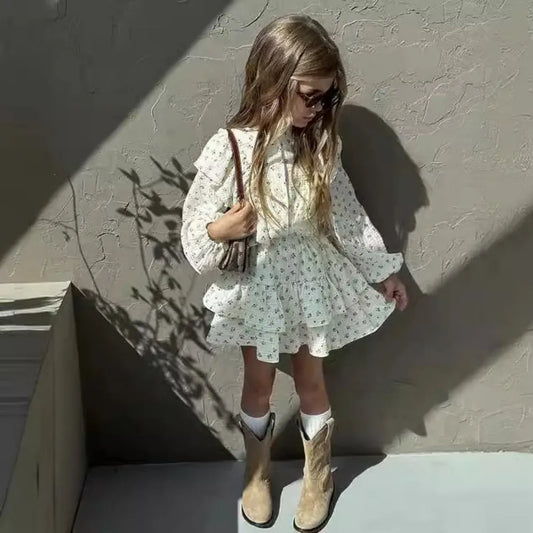 長袖セットアップ Beige White / 90cm 1-2y キッズセットアップ 2点セット フラワープリントフリル長袖ブラウス+ダブルフリルミニケーキスカート【mh0007495】