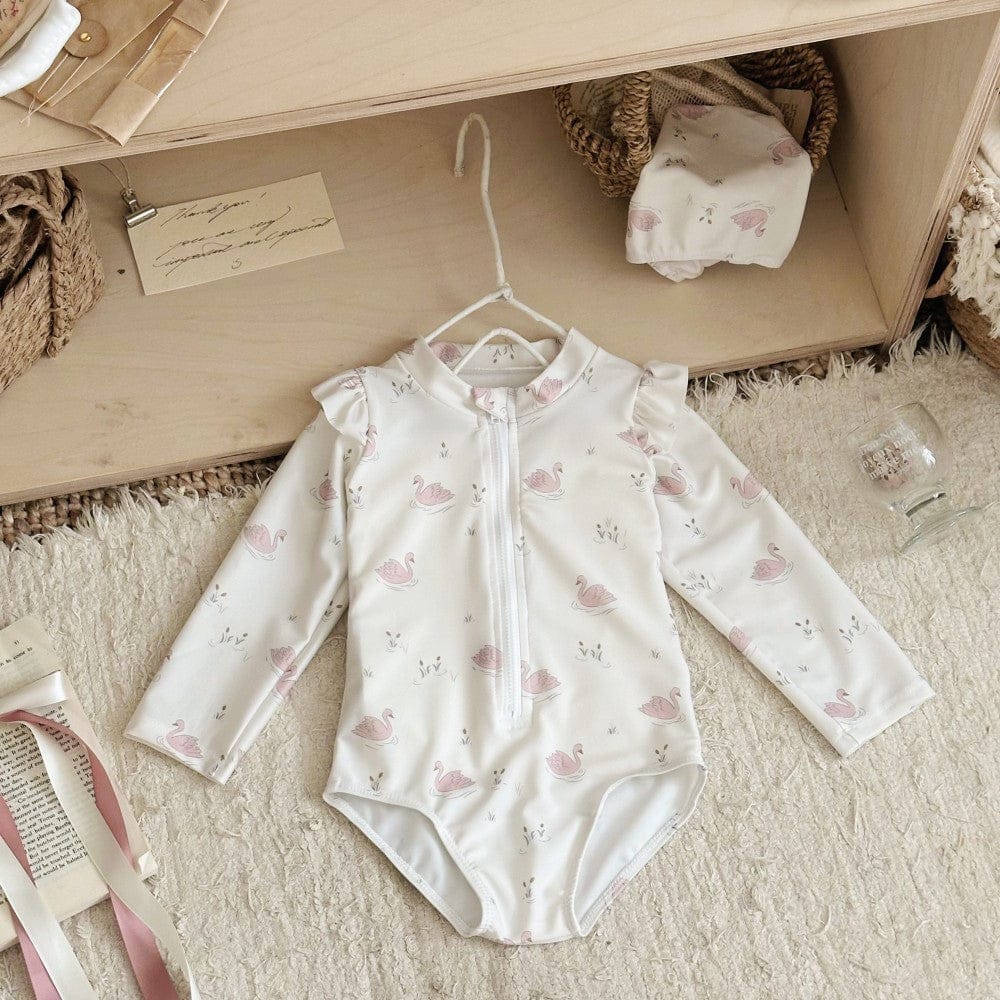 ベビー用水着 Beige White / 90cm ガールズ水着 長袖ジップアップワンピーススイムウェア【mh0010222】