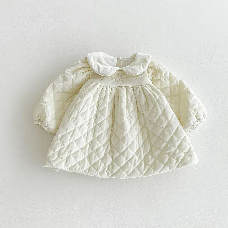 長袖ワンピース Beige White / 9M 73cm ベビーキッズワンピース キルティング裏フリース丸襟厚手長袖ワンピース【mh0007710】