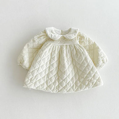 長袖ワンピース Beige White / 9M 73cm ベビーキッズワンピース キルティング裏フリース丸襟厚手長袖ワンピース【mh0007710】