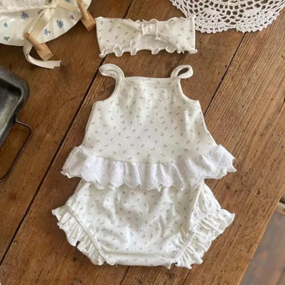 幼児用下着 beige white floral / 9M  73CM ベビーセットアップ 3点セット キャミソール+フリルブルマパンツ+リボンヘアバンド インナー肌着下着セット【mh0008792】