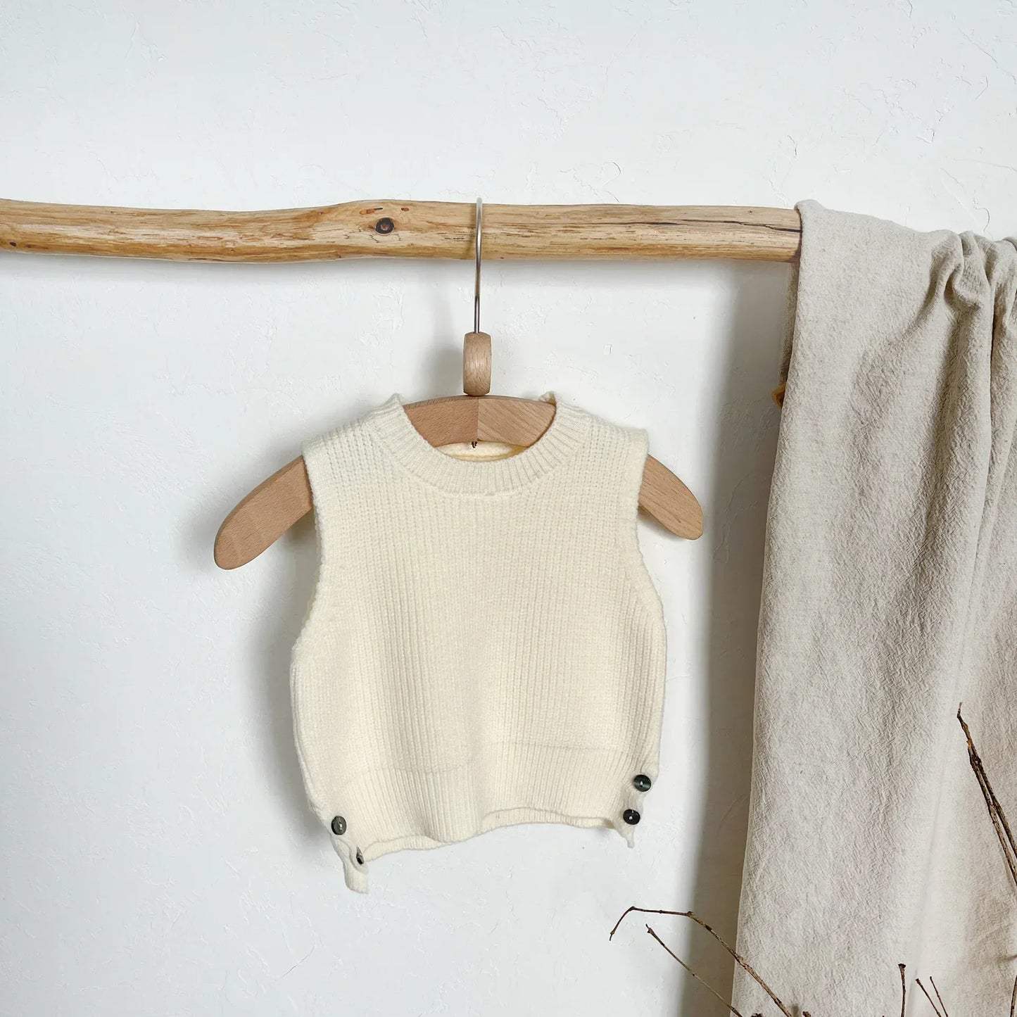 長袖セットアップ beige white vest / 6M  66CM ベビーキッズベスト/トップス/パンツ ストライプ長袖シャツ/ニットジレベスト/ポケットロングルーズパンツ【mh-0008608】