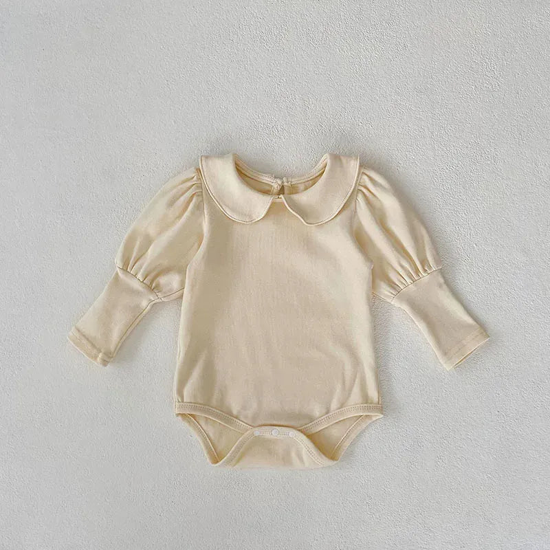 長袖ロンパース beige yellow / 66cm ベビーロンパース 長袖パフスリーブボディスーツ 丸襟 グレー/ベージュ/2カラー