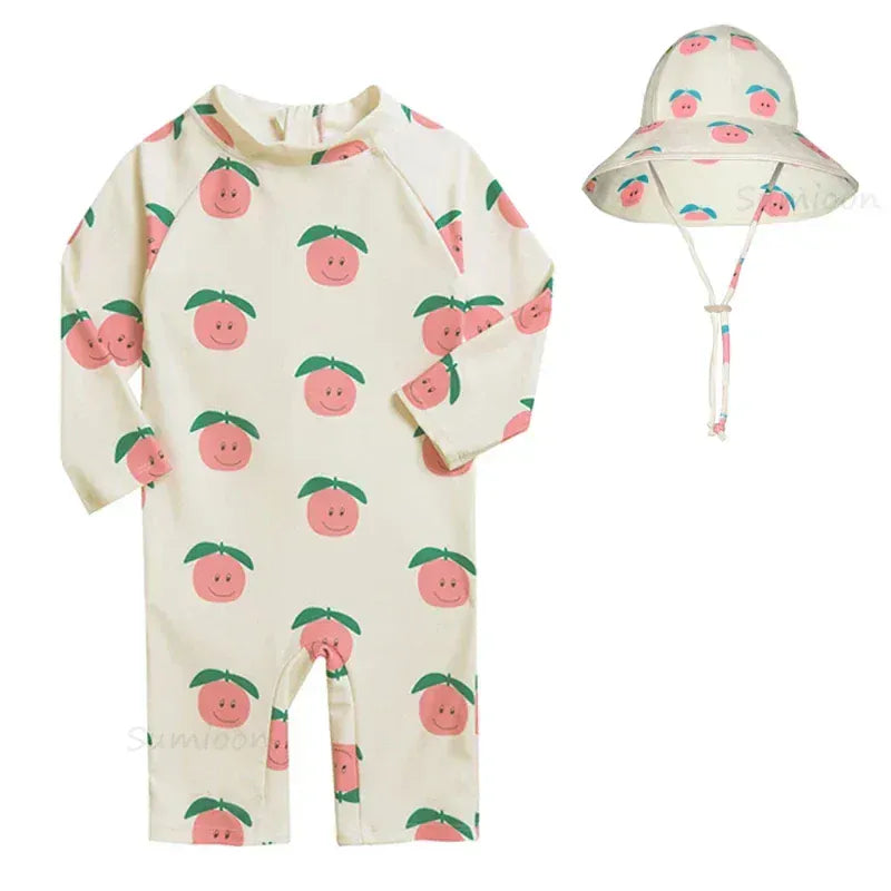 ベビー用水着 beigeapple with hat / 1-2Yrs キッズ水着 帽子セット 長袖ラッシュガード つなぎ ワンピース アニマル フラワープリント スイムウェア
