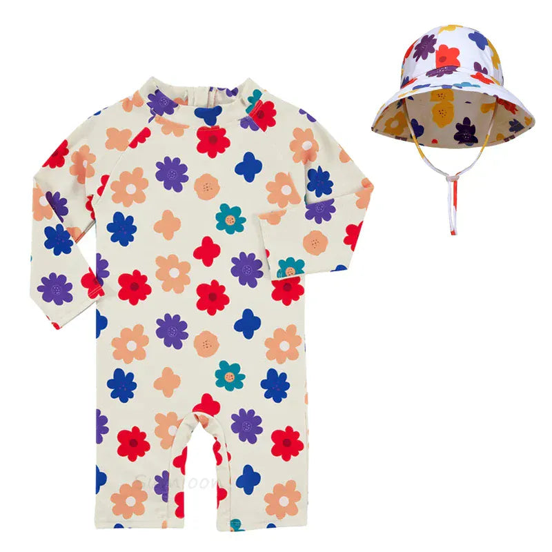 ベビー用水着 beigeflower with hat / 1-2Yrs キッズ水着 帽子セット 長袖ラッシュガード つなぎ ワンピース アニマル フラワープリント スイムウェア
