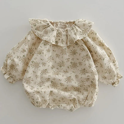 長袖ロンパース big floral / 6M  66cm ベビーロンパース フリルサークル襟 長袖ボディスーツ フラワー花柄プリント 2カラー