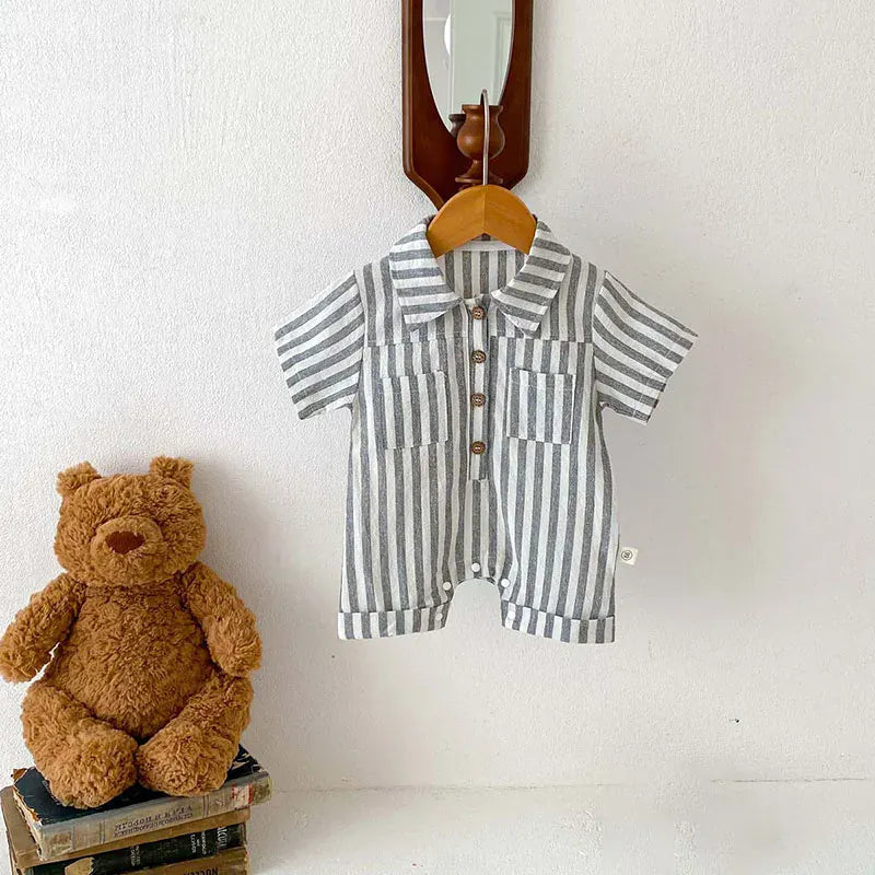 半袖ジャンプスーツ Black / 0-6M 66cm ベビージャンプスーツ 半袖ストライプ シャツオーバーオール つなぎ 2カラー【mh0005859】