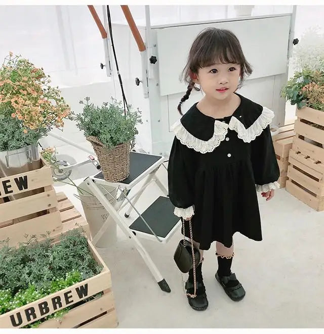 長袖ワンピース black / 12M  80cm キッズワンピース レースフリルビッグ襟長袖ワンピース 2カラー