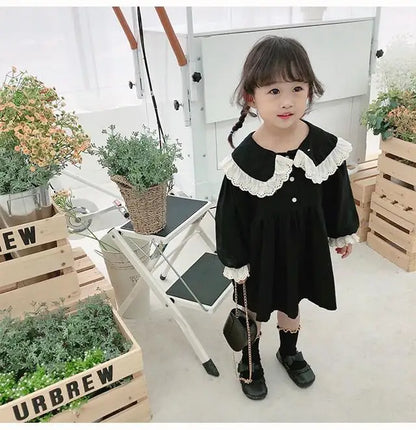 長袖ワンピース black / 12M  80cm キッズワンピース レースフリルビッグ襟長袖ワンピース 2カラー