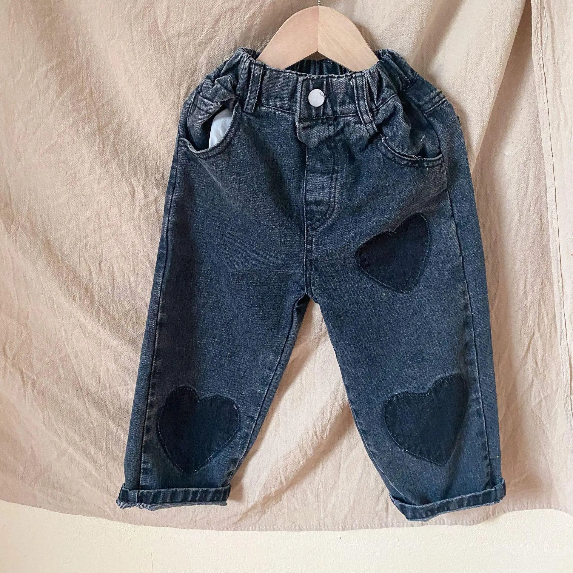 デニムパンツ black / 12M  80cm キッズパンツ デニムパンツ ハート パッチワーク ルーズロングパンツ ジーンズ 2カラー