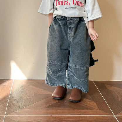 デニムパンツ black / 12M 80CM キッズパンツ デニムパンツ 膝切り替え ワイドルーズパンツ ジーンズ ジーパン 2カラー
