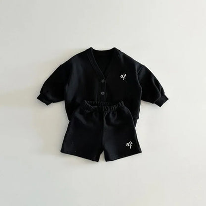 長袖セットアップ black / 12M  80cm キッズセットアップ 2点セット カーディガン+ショートパンツ レターロゴ刺繍 2カラー