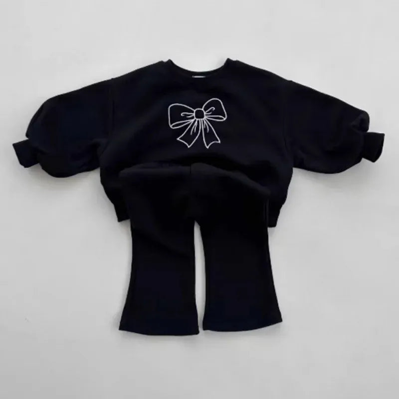 長袖セットアップ black / 12M  80cm キッズセットアップ 2点セット スウェットシャツ フレアパンツ リボン刺繍 長袖パフスリーブトレーナー 3カラー