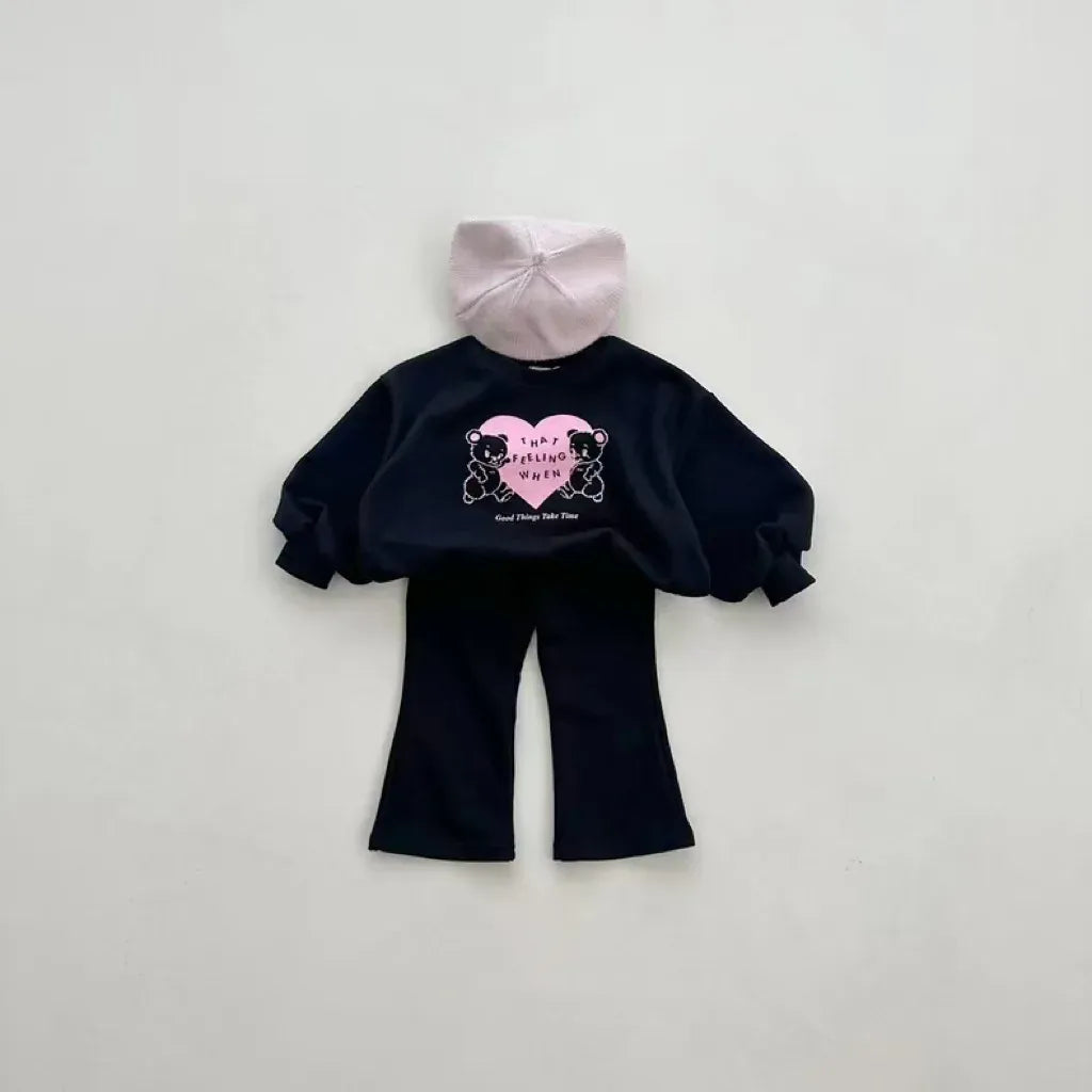 長袖セットアップ Black / 12M  80CM キッズセットアップ 2点セット ベアくまハートプリント長袖スウェットシャツ+フレアロングパンツ【mh0008587】