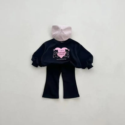 長袖セットアップ Black / 12M  80CM キッズセットアップ 2点セット ベアくまハートプリント長袖スウェットシャツ+フレアロングパンツ【mh0008587】