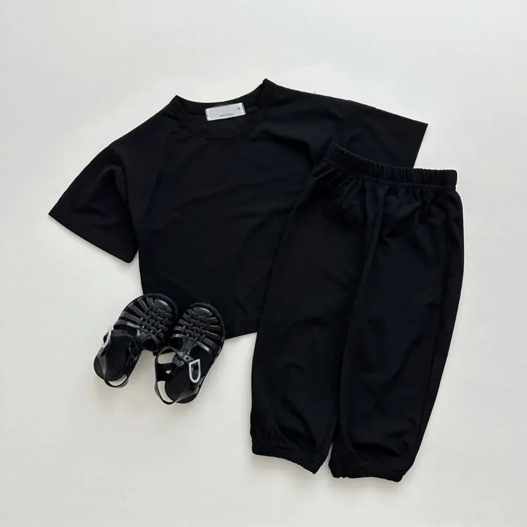 半袖セットアップ Black / 12M  80CM キッズセットアップ 2点セット 半袖Tシャツ+ロングパンツ シンプルベーシック 無地 4カラー【mh0005570】