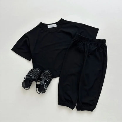 半袖セットアップ Black / 12M  80CM キッズセットアップ 2点セット 半袖Tシャツ+ロングパンツ シンプルベーシック 無地 4カラー【mh0005570】