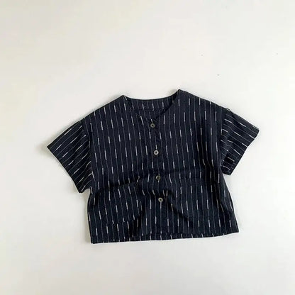 半袖シャツ・ブラウス black / 12M  80cm / 取り寄せ（7〜30日） キッズトップス 半袖ノーカラーシャツ ストライプ 2カラー
