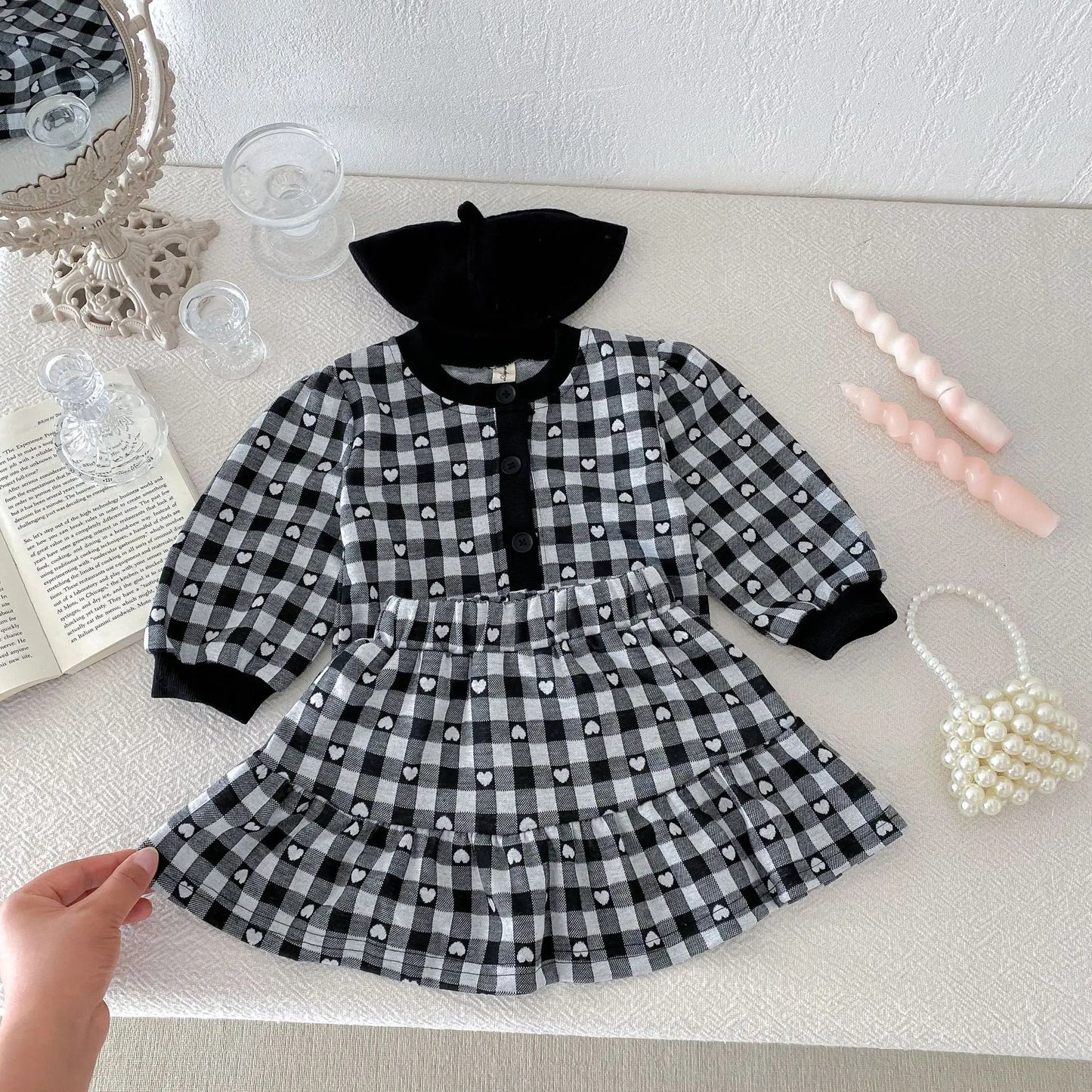 長袖セットアップ black / 12M  80cm / 取り寄せ（7〜30日） キッズセットアップ 2点セット ハートチェック長袖カーディガントップス+スカート 2カラー