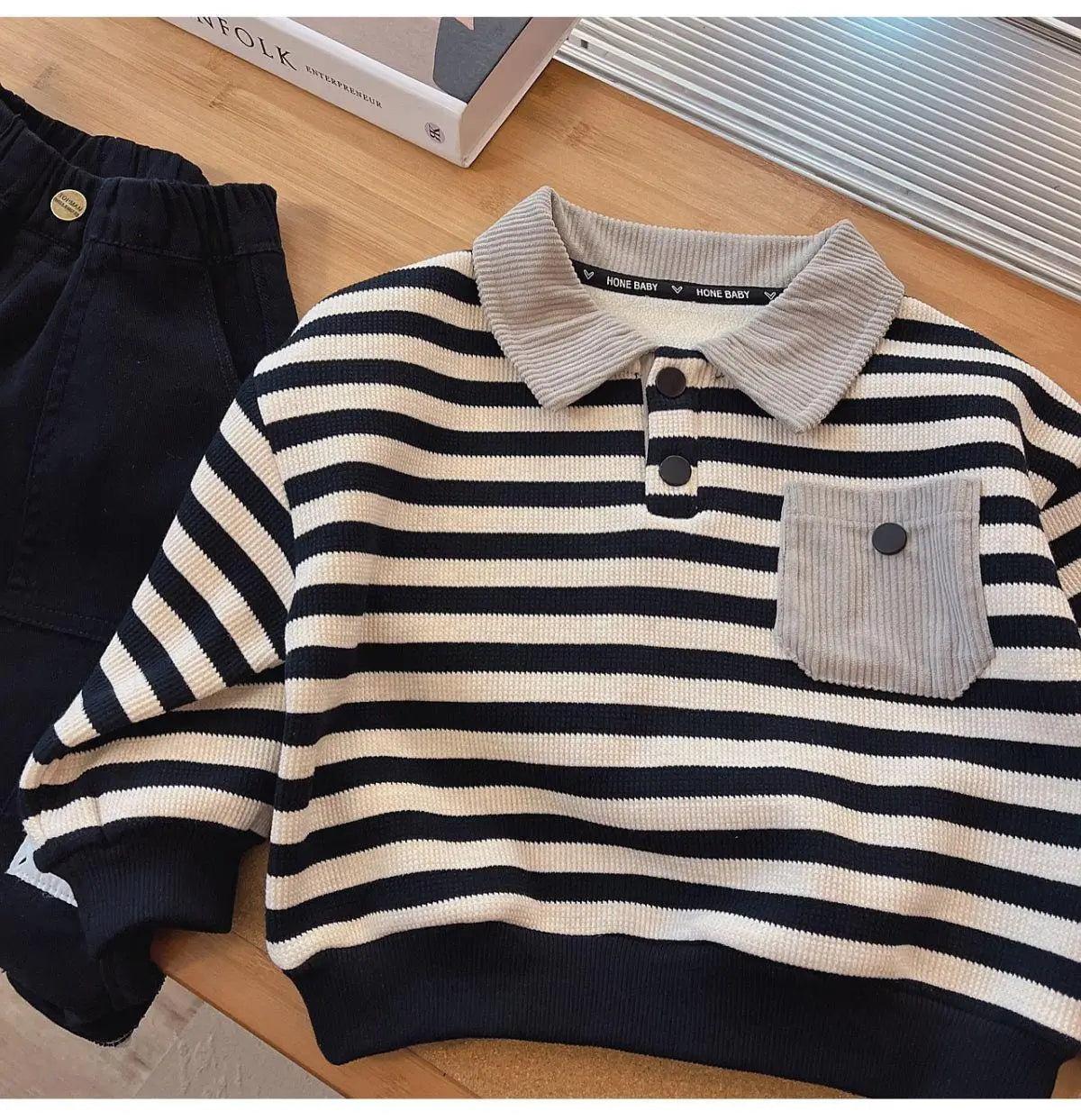 長袖シャツ・ブラウス Black / 12M  80CM キッズトップス ボーダー裏フリース長袖ポロシャツ【mh0008036】