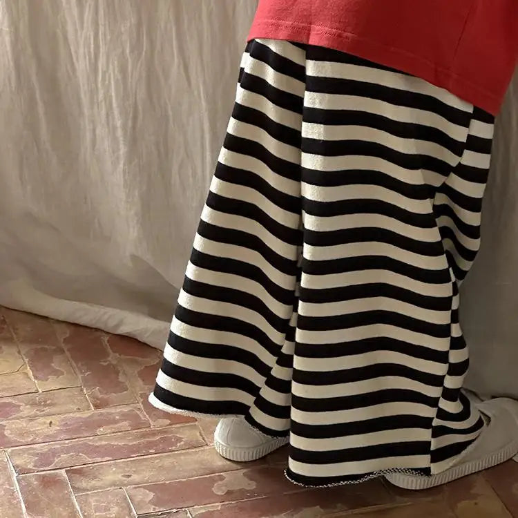 ロングパンツ・スウェットパンツ Black / 24M  90CM キッズパンツ ボーダーワイドレッグルーズパンツ 3カラー【mh0006902】