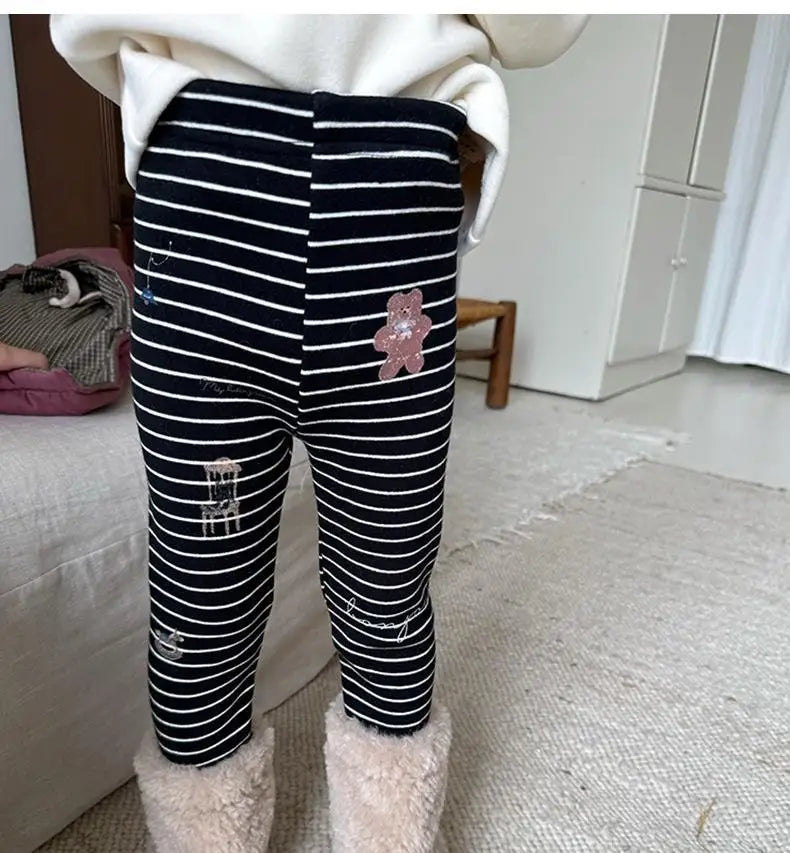 レギンスパンツ Black / 24M  90CM キッズパンツ ボーダーベアくまプリント裏フリース厚手レギンスパンツ【mh0008000】