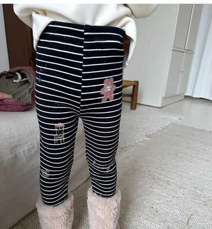 レギンスパンツ Black / 24M  90CM キッズパンツ ボーダーベアくまプリント裏フリース厚手レギンスパンツ【mh0008000】