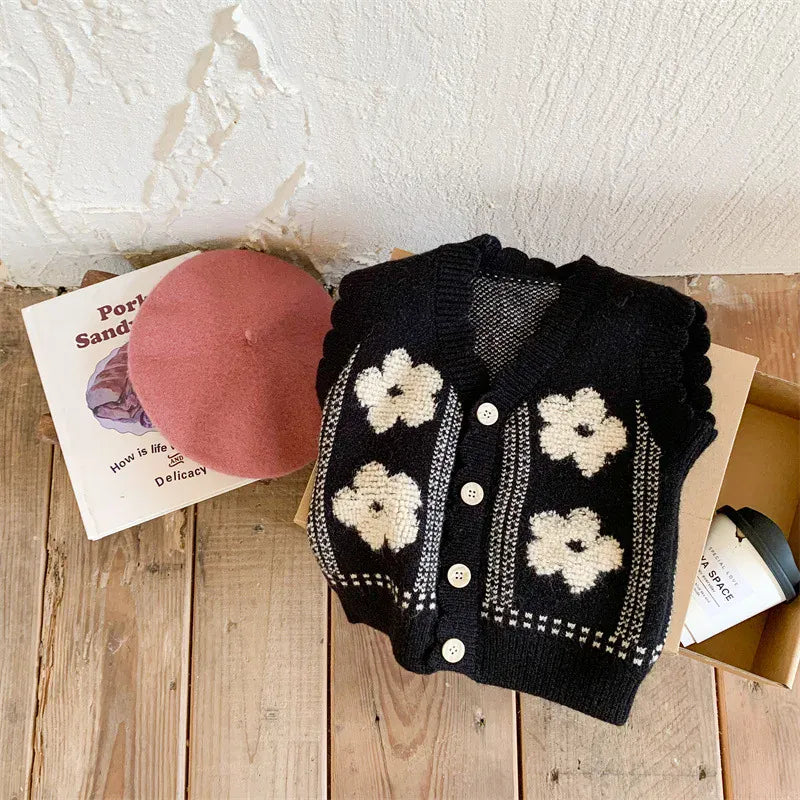 ベスト Black / 24M  90CM キッズベスト レトロフラワー前あきニットベスト【mh0008814】