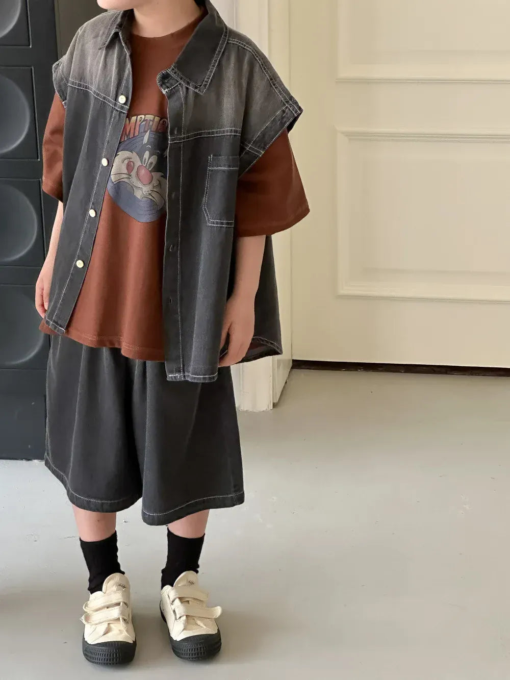 半袖セットアップ black 2pc set / 90cm 1-2y キッズセットアップ 2点セット ショートスリーブシャツ+ハーフパンツ デニム 2カラー