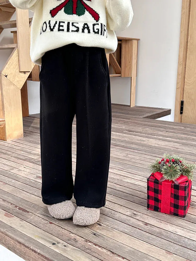 ロングパンツ・スウェットパンツ black / 2T (90) キッズパンツ コーデュロイ 裏フリース ストレートパンツ 4カラー