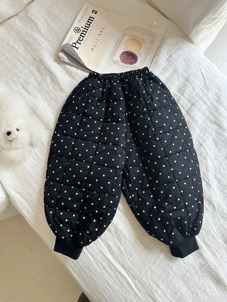 ロングパンツ・スウェットパンツ Black / 2T (90) キッズパンツ 水玉ドットプリントキルトパデッド防寒バルーンジョガーパンツ【mh0007922】