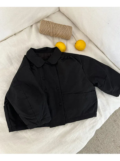 ショートコート・ジャケット・ジャンパー Black / 2T (90) キッズアウター ダブルボタン襟付きパデッドショートジャケットコート【mh0007934】