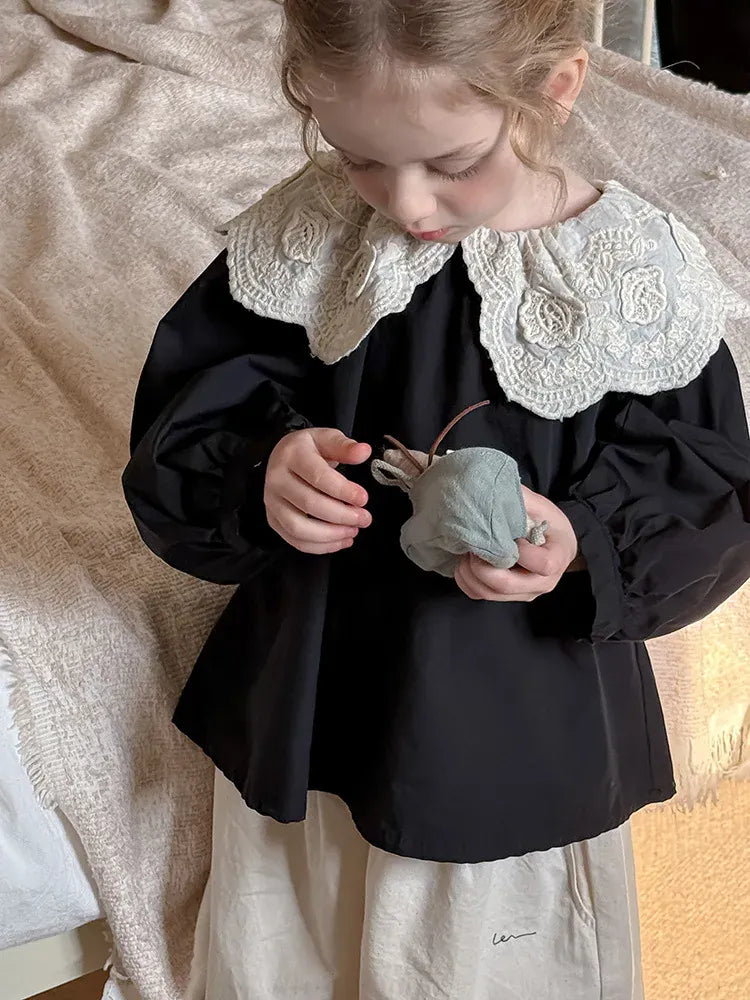 長袖シャツ・ブラウス Black / 2T-90 キッズトップス ビッグレース襟長袖ブラウス【mh0008668】